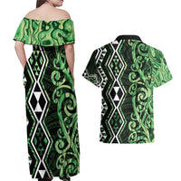 Green Aotearoa Couples Matching Off Shoulder Maxi Dress and Hawaiian Shirt Taniko Motifs With Paua Shell Kowhaiwhai