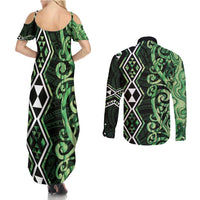 Green Aotearoa Couples Matching Summer Maxi Dress and Long Sleeve Button Shirt Taniko Motifs With Paua Shell Kowhaiwhai