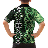 Green Aotearoa Family Matching Off Shoulder Short Dress and Hawaiian Shirt Taniko Motifs With Paua Shell Kowhaiwhai LT14 - Polynesian Pride