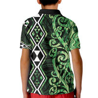 Green Aotearoa Kid Polo Shirt Taniko Motifs With Paua Shell Kowhaiwhai