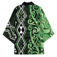 Green Aotearoa Kimono Taniko Motifs With Paua Shell Kowhaiwhai - Polynesian Pride