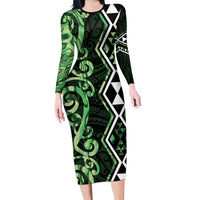 Green Aotearoa Long Sleeve Bodycon Dress Taniko Motifs With Paua Shell Kowhaiwhai LT14 Long Dress Green - Polynesian Pride