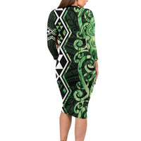 Green Aotearoa Long Sleeve Bodycon Dress Taniko Motifs With Paua Shell Kowhaiwhai LT14 - Polynesian Pride