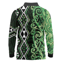 Green Aotearoa Long Sleeve Polo Shirt Taniko Motifs With Paua Shell Kowhaiwhai