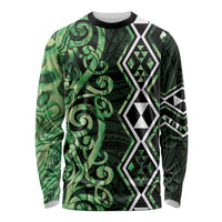 Green Aotearoa Long Sleeve Shirt Taniko Motifs With Paua Shell Kowhaiwhai LT14 Unisex Green - Polynesian Pride