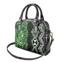 Green Aotearoa Shoulder Handbag Taniko Motifs With Paua Shell Kowhaiwhai