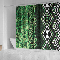 Green Aotearoa Shower Curtain Taniko Motifs With Paua Shell Kowhaiwhai LT14 - Polynesian Pride