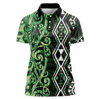 Green Aotearoa Women Polo Shirt Taniko Motifs With Paua Shell Kowhaiwhai