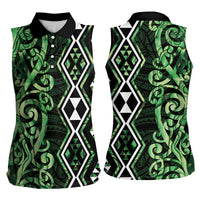 Green Aotearoa Women Sleeveless Polo Shirt Taniko Motifs With Paua Shell Kowhaiwhai