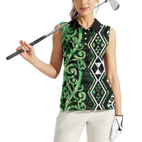 Green Aotearoa Women Sleeveless Polo Shirt Taniko Motifs With Paua Shell Kowhaiwhai