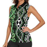 Green Aotearoa Women Sleeveless Polo Shirt Taniko Motifs With Paua Shell Kowhaiwhai