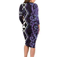 Purple Aotearoa Long Sleeve Bodycon Dress Taniko Motifs With Paua Shell Kowhaiwhai LT14 - Polynesian Pride