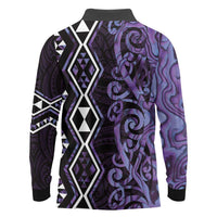 Purple Aotearoa Long Sleeve Polo Shirt Taniko Motifs With Paua Shell Kowhaiwhai