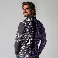 Purple Aotearoa Long Sleeve Polo Shirt Taniko Motifs With Paua Shell Kowhaiwhai