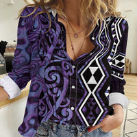 Purple Aotearoa Women Casual Shirt Taniko Motifs With Paua Shell Kowhaiwhai