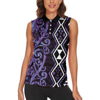 Purple Aotearoa Women Sleeveless Polo Shirt Taniko Motifs With Paua Shell Kowhaiwhai
