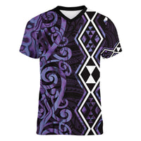 Purple Aotearoa Women V-Neck T-Shirt Taniko Motifs With Paua Shell Kowhaiwhai
