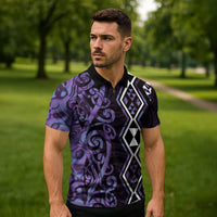 Purple Aotearoa Zipper Polo Shirt Taniko Motifs With Paua Shell Kowhaiwhai - Polynesian Pride