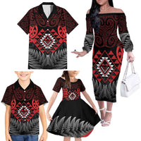 Aotearoa Kiwi Taniko Family Matching Off The Shoulder Long Sleeve Dress and Hawaiian Shirt Silver Fern With Maori Koru Pattern
