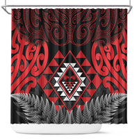 Aotearoa Kiwi Taniko Shower Curtain Silver Fern With Maori Koru Pattern LT14 Red - Polynesian Pride