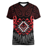 Aotearoa Kiwi Taniko Women V-Neck T-Shirt Silver Fern With Maori Koru Pattern