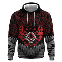 Aotearoa Kiwi Taniko Zip Hoodie Silver Fern With Maori Koru Pattern LT14 Pullover Hoodie Red - Polynesian Pride