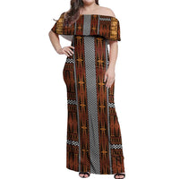 Malo e Lelei Tonga Off Shoulder Maxi Dress Tongan Ngatu Tapa Cloth LT14 Women Orange - Polynesian Pride