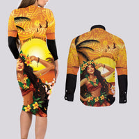 Aloha Hawaii Women's Day Couples Matching Long Sleeve Bodycon Dress and Long Sleeve Button Shirt Hula Girl With Sunset Vibes LT14 - Polynesian Pride