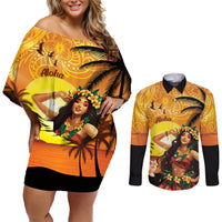 Aloha Hawaii Women's Day Couples Matching Off Shoulder Short Dress and Long Sleeve Button Shirt Hula Girl With Sunset Vibes LT14 Yellow - Polynesian Pride