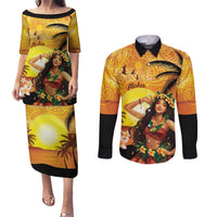 Aloha Hawaii Women's Day Couples Matching Puletasi and Long Sleeve Button Shirt Hula Girl With Sunset Vibes LT14 Yellow - Polynesian Pride