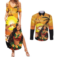 Aloha Hawaii Women's Day Couples Matching Summer Maxi Dress and Long Sleeve Button Shirt Hula Girl With Sunset Vibes LT14 Yellow - Polynesian Pride