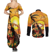 Aloha Hawaii Women's Day Couples Matching Summer Maxi Dress and Long Sleeve Button Shirt Hula Girl With Sunset Vibes LT14 - Polynesian Pride