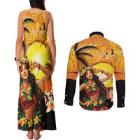Aloha Hawaii Women's Day Couples Matching Tank Maxi Dress and Long Sleeve Button Shirt Hula Girl With Sunset Vibes LT14 - Polynesian Pride