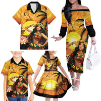 Aloha Hawaii Women's Day Family Matching Off Shoulder Long Sleeve Dress and Hawaiian Shirt Hula Girl With Sunset Vibes LT14 - Polynesian Pride