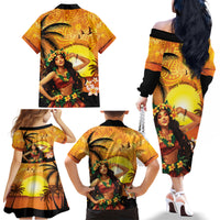 Aloha Hawaii Women's Day Family Matching Off Shoulder Long Sleeve Dress and Hawaiian Shirt Hula Girl With Sunset Vibes LT14 - Polynesian Pride