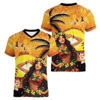 Aloha Hawaii Women's Day Women V Neck T Shirt Hula Girl With Sunset Vibes LT14 - Polynesian Pride