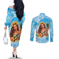 Aloha Hawaii Women's Day Couples Matching Off The Shoulder Long Sleeve Dress and Long Sleeve Button Shirt Hula Girl With Ukulele Tropical Style LT14 - Polynesian Pride