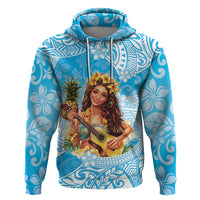 Aloha Hawaii Women's Day Zip Hoodie Hula Girl With Ukulele Tropical Style LT14 Pullover Hoodie Blue - Polynesian Pride