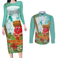 Hawaii Cinco de Mayo Couples Matching Long Sleeve Bodycon Dress and Long Sleeve Button Shirt Chili Pepper Hula Girl Tropical Vibes
