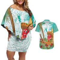 Hawaii Cinco de Mayo Couples Matching Off Shoulder Short Dress and Hawaiian Shirt Chili Pepper Hula Girl Tropical Vibes