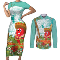 Hawaii Cinco de Mayo Couples Matching Short Sleeve Bodycon Dress and Long Sleeve Button Shirt Chili Pepper Hula Girl Tropical Vibes