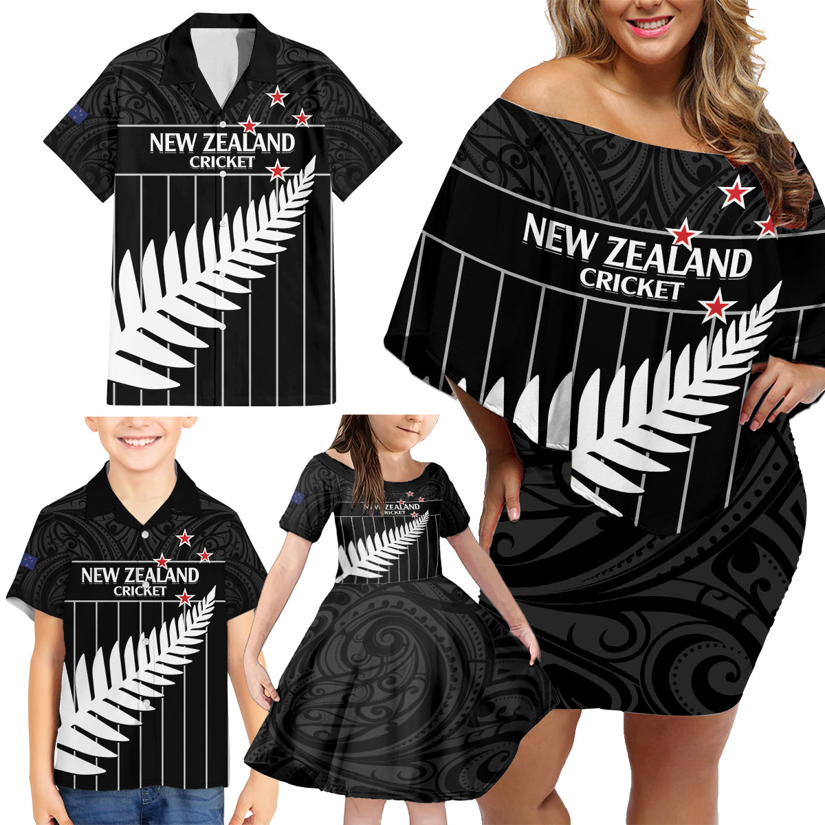 Custom New Zealand Silver Fern Cricket Family Matching Off Shoulder Short Dress and Hawaiian Shirt Aotearoa Maori Go Black Cap