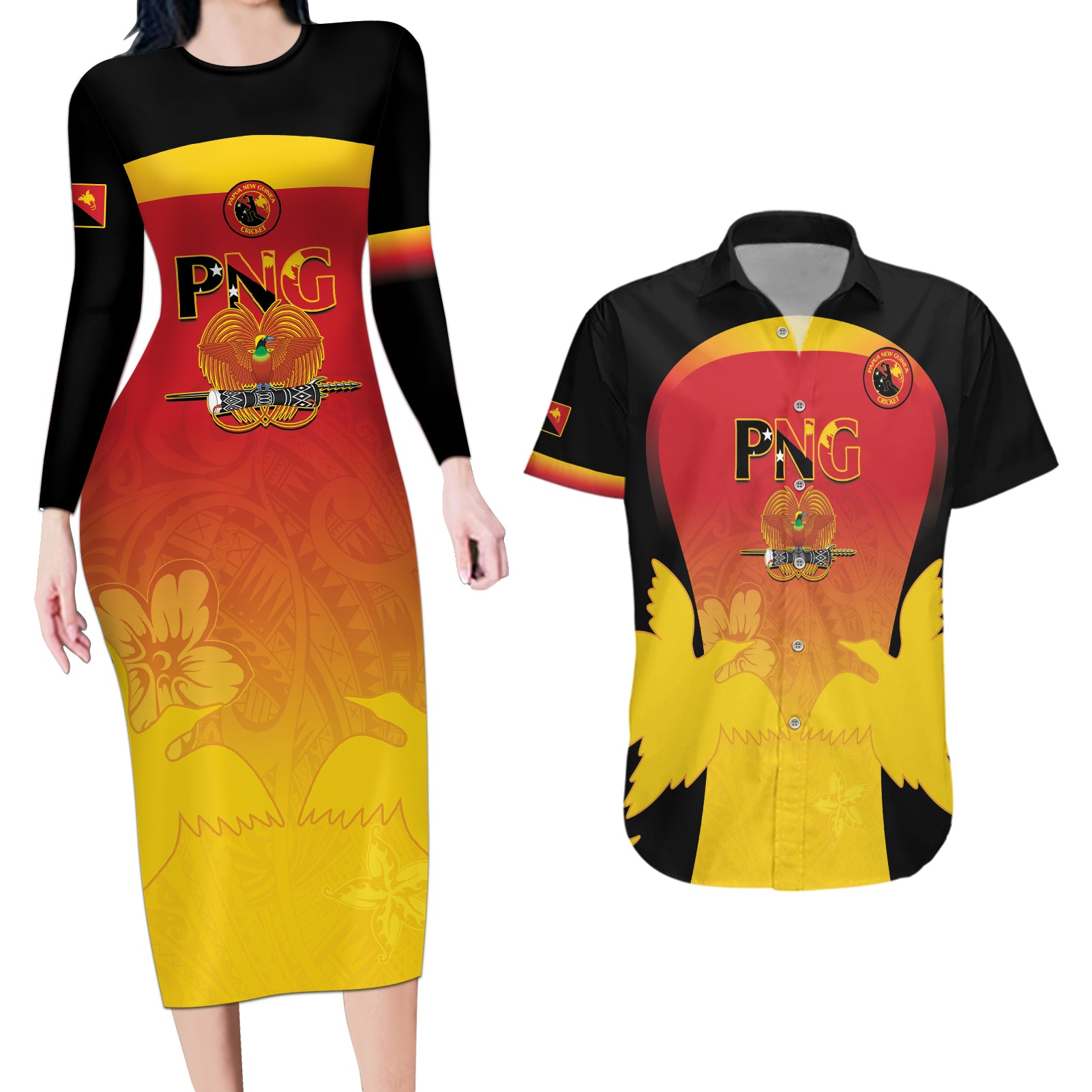 Custom Papua New Guinea Cricket Couples Matching Long Sleeve Bodycon Dress and Hawaiian Shirt 2024 Go PNG