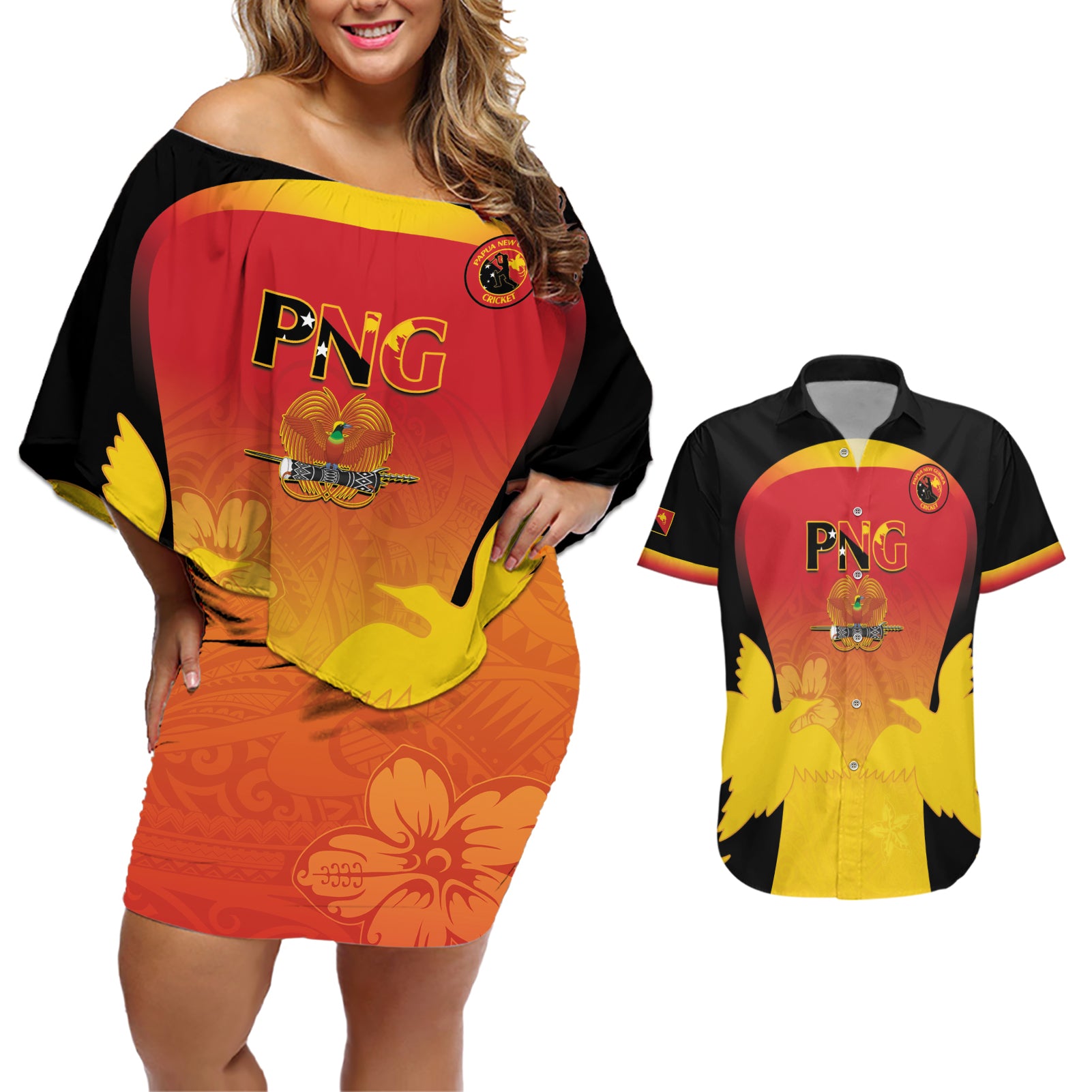 Custom Papua New Guinea Cricket Couples Matching Off Shoulder Short Dress and Hawaiian Shirt 2024 Go PNG
