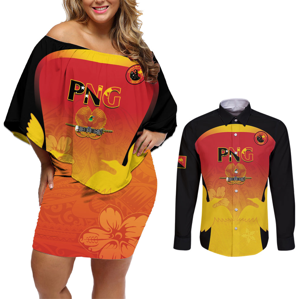 Custom Papua New Guinea Cricket Couples Matching Off Shoulder Short Dress and Long Sleeve Button Shirt 2024 Go PNG