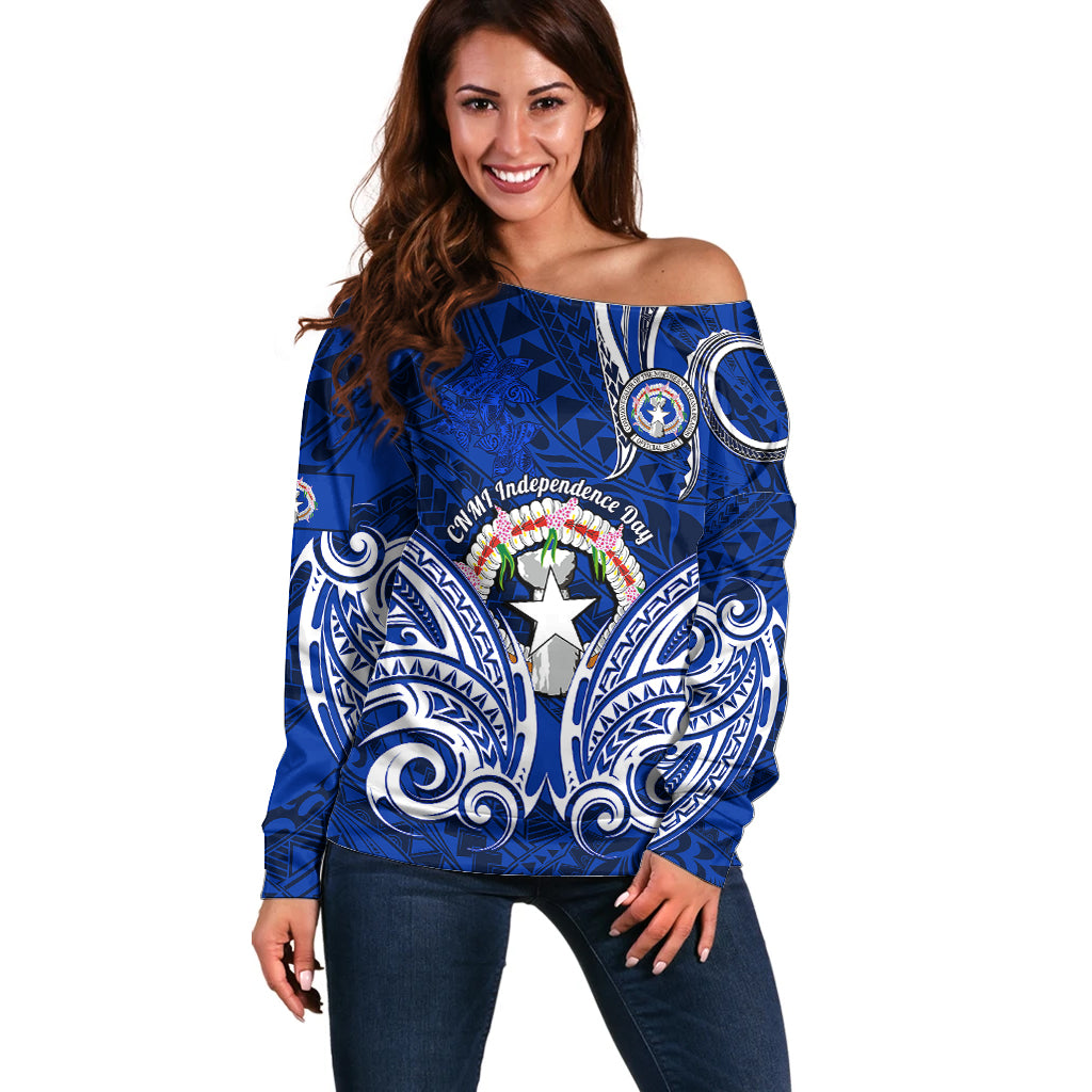 Personalised Independence Day CNMI Off Shoulder Sweater Northern Mariana Islands Tribal Tattoo Pattern LT14 Women Blue - Polynesian Pride
