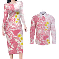 Pink Hawaii Shark Tattoo Couples Matching Long Sleeve Bodycon Dress and Long Sleeve Button Shirt Puakenikeni Lei Plumeria Polynesian Pattern