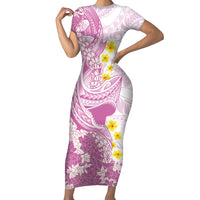 Purple Hawaii Shark Tattoo Short Sleeve Bodycon Dress Puakenikeni Lei Plumeria Polynesian Pattern