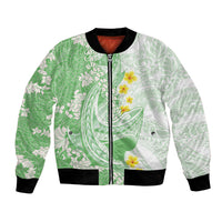 Green Hawaii Shark Tattoo Bomber Jacket Puakenikeni Lei Plumeria Polynesian Pattern