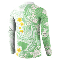 Green Hawaii Shark Tattoo Button Sweatshirt Puakenikeni Lei Plumeria Polynesian Pattern